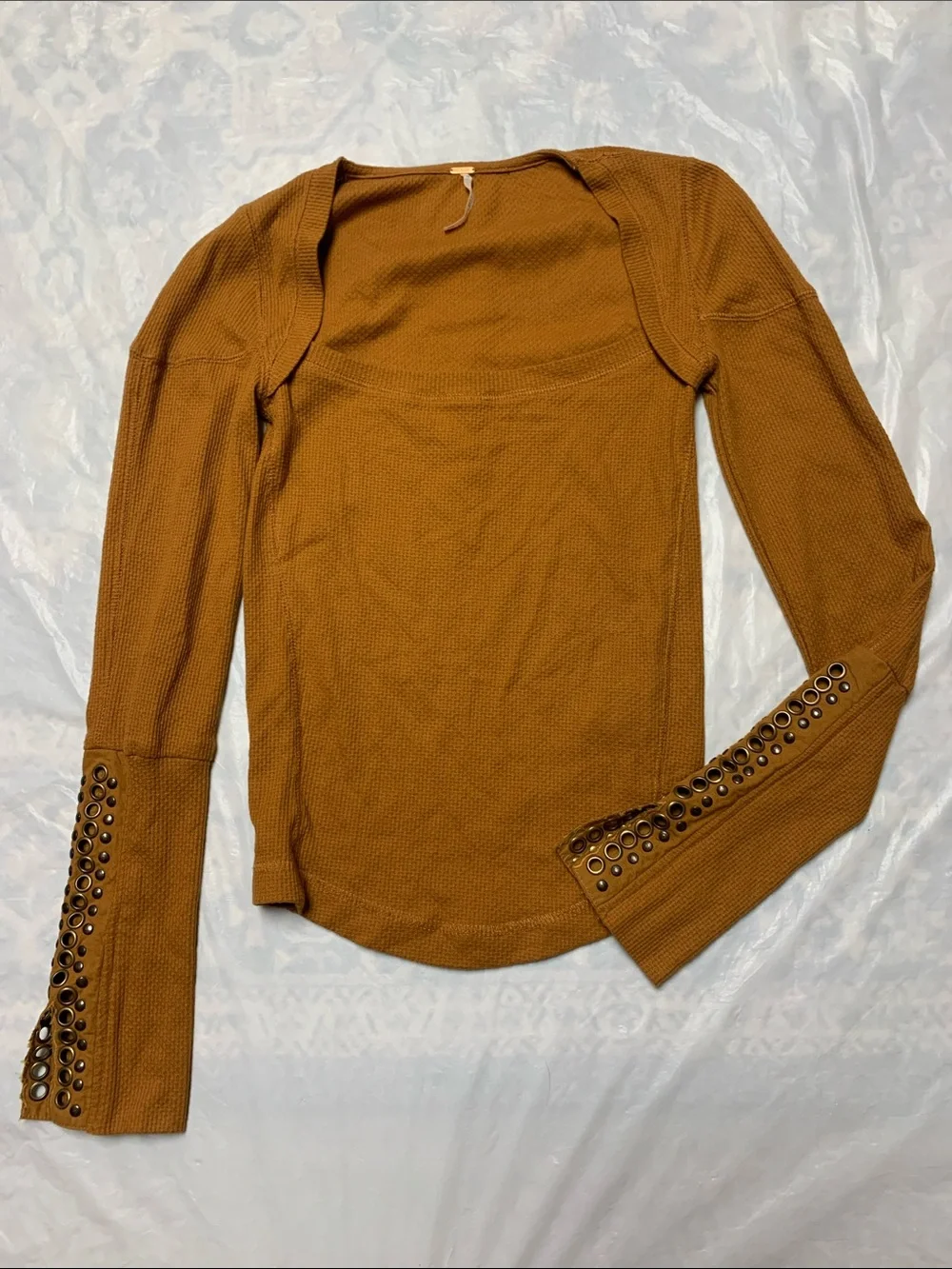 Free People A Little Unruly Long Sleeve Waffle Knit Top Amber Size XS